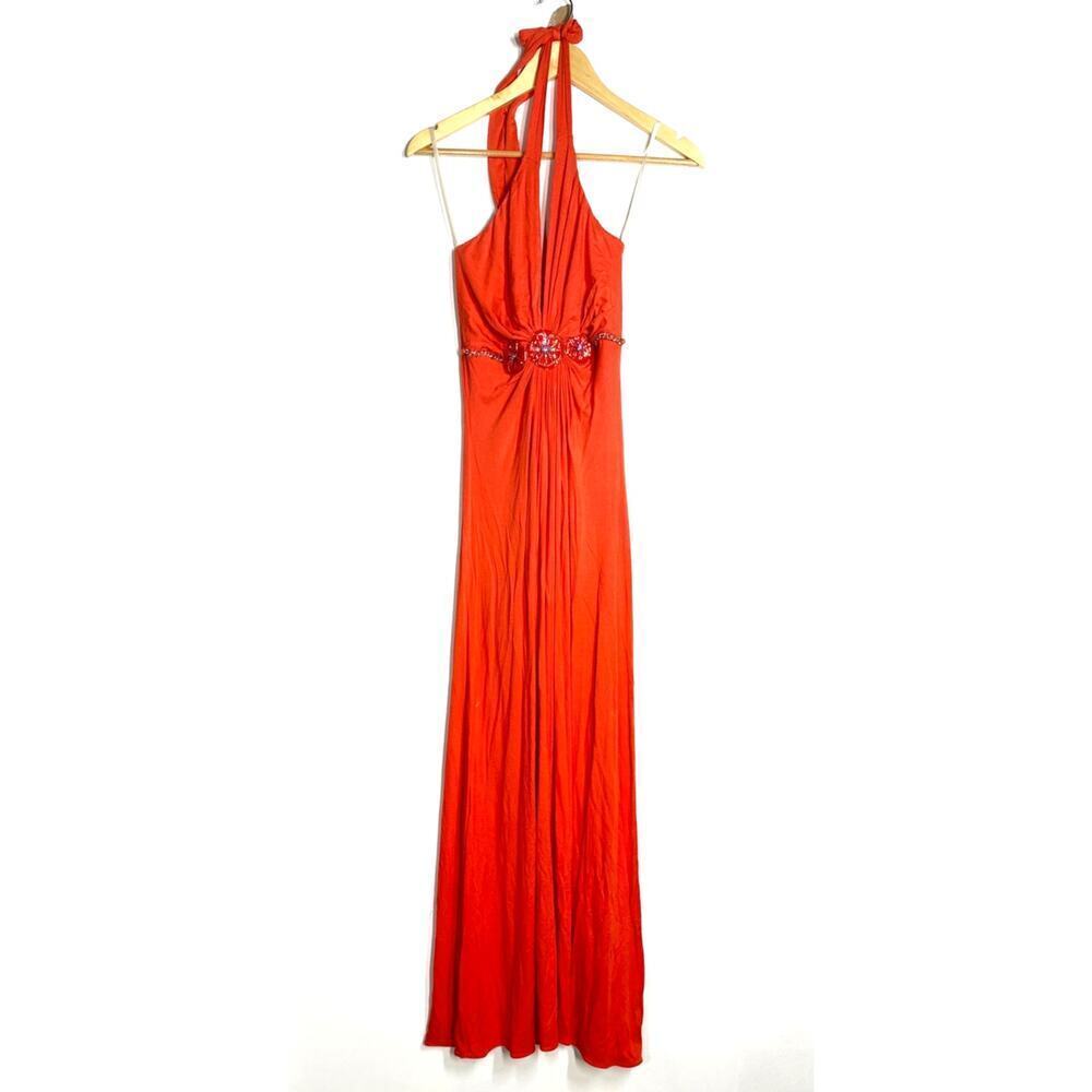 Sky  Halter Dress Embellished Waist Maxi Evening Gown Orange Small